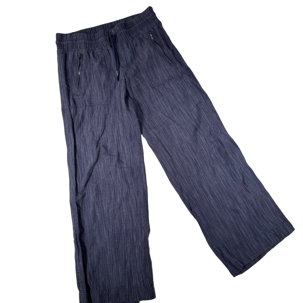 Athleta Cabo Linen Wide Leg Pant Womens 6P Blue Textured 657680-01 Summer Travel